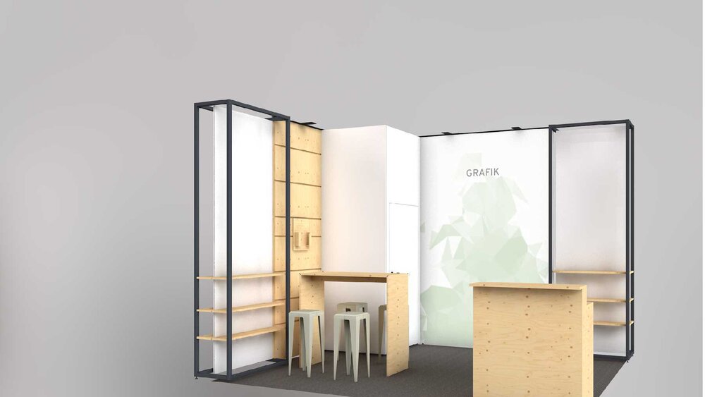 A three-dimensional rendering of a corner stand featuring partition walls made from various materials, a consultation desk with chairs, and display areas.