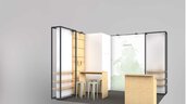 Depiction of a corner exhibition stand with wooden shelves, stools, counter and background. Minimalist design with light colors.