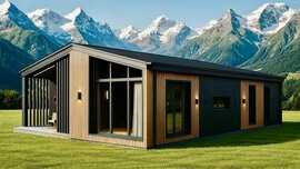 Ein modernes rechteckiges schwarz-braunes Holzhaus mit Außenbeleuchtung auf grünem Rasen vor einem Alpen-Panorama.