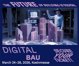 Person with AR headset interacts with virtual skyscrapers in a futuristic cityscape and headline THE FUTURE OF BUILDING IS DIGITAL.