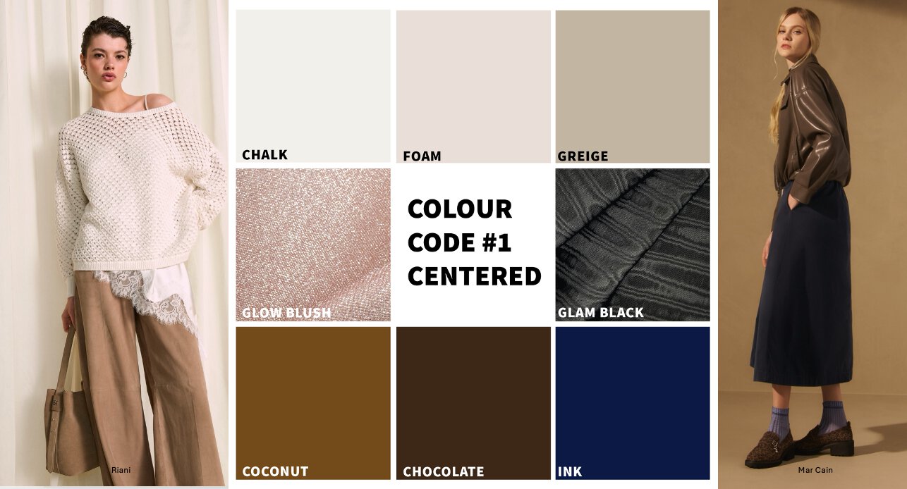 Eine Fotocollage zum Thema „Colour Code #1 Centered“ in unterschiedlichen Beige-, Brauntönen mit zwei farblich passend angezogenen Models rechts und links.