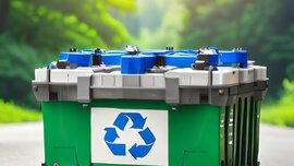 A car battery with a recycling symbol outside with green foliage in the background.