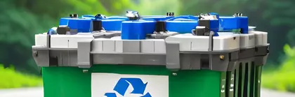 Ein Autobatterie mit einem Recyclingsymbol im Freien mit grünem Laub im Hintergrund.