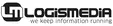 Logo with “Logismedia” text and slogan “we keep information running” in black and white.