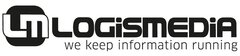 Logo mit „Logismedia“-Text und Slogan „we keep information running“ in Schwarzweiß.