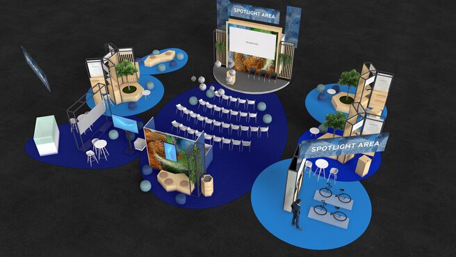 3D-Visualisierung der IFAT Spotlight Area Wasserstoff: Messefläche mit Bühne, Besucherbestuhlung, interaktiven Exponaten und nachhaltigen Gestaltungselementen