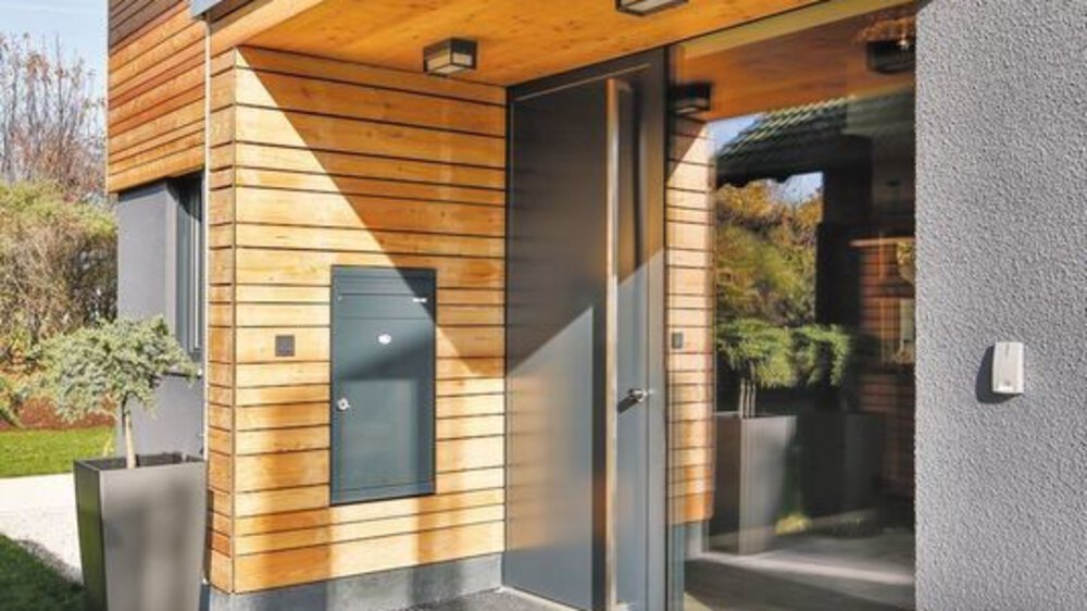 Moderner Hauseingang mit Holzvertäfelung, großen Glastüren und Blick ins Grüne.