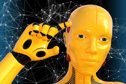 Yellow robot pointing to its head in front of a network of glowing lines in the background.