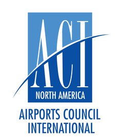 Blue and white logo with the inscription ACI North America Airports Council International on a white background.