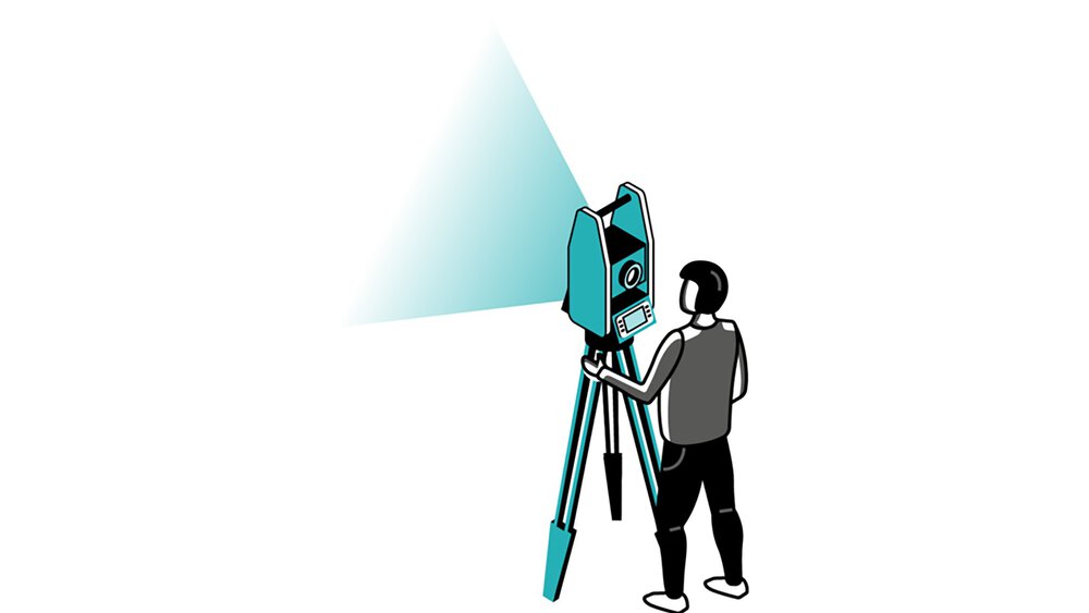 Grafik einer Person, die ein blaugrünes Laservermessungsgerät auf einem Stativ bedient, welches einen dreieckigen Lichtstrahl projiziert.