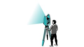 Grafik einer Person, die ein blaugrünes Laservermessungsgerät auf einem Stativ bedient, welches einen dreieckigen Lichtstrahl projiziert.