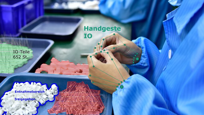 A person in laboratory clothing demonstrates a hand gesture. In front of her on the table are trays with small parts marked in different colours.