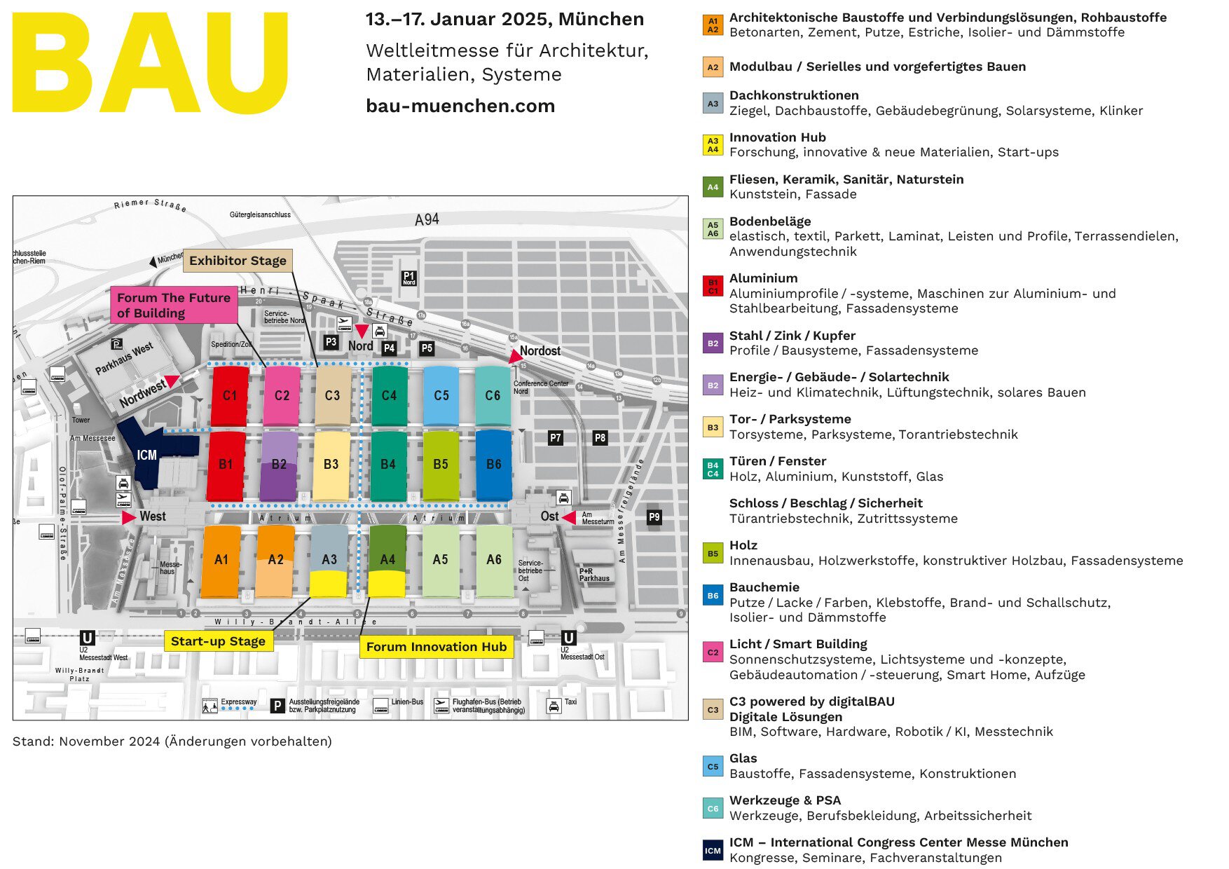 Plan der BAU 2025 auf dem Gelände der Messe München mit bunt markierten Hallen, die nach Ausstellerthemen sortiert sind.