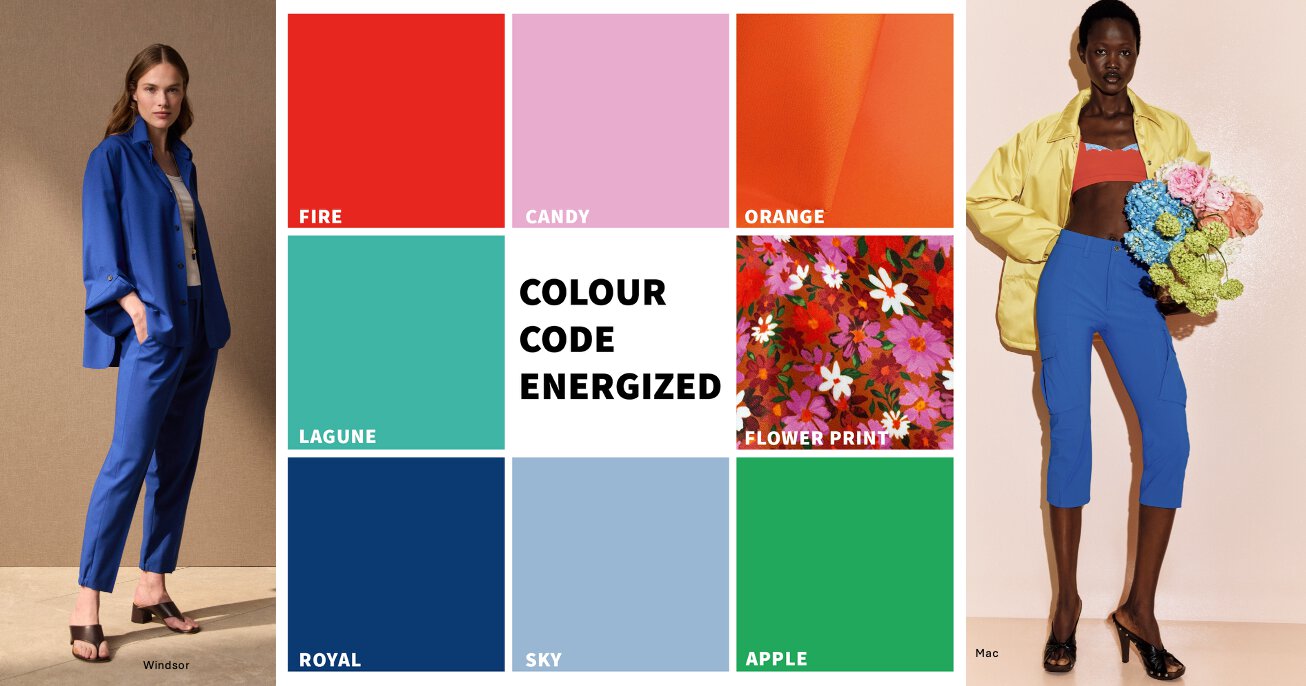 Eine Fotocollage zum Thema „Colour Code Energized“ in unterschiedlichen Rot-, Grün- und Blautönen mit zwei farblich passend angezogenen Models rechts und links.