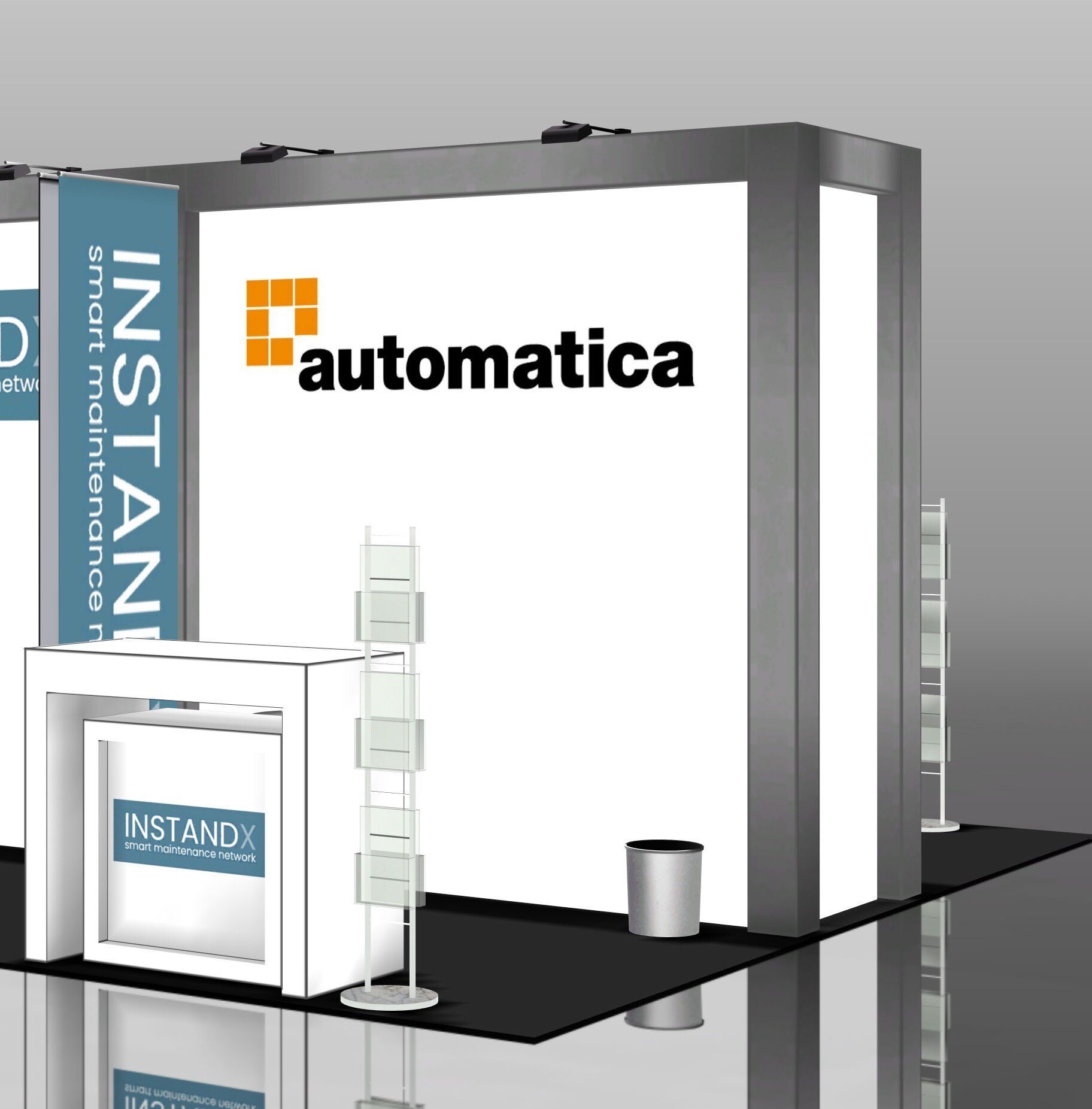 Der Entwurf eines Messtandes mit dem Logo der automatica auf der Rückwand