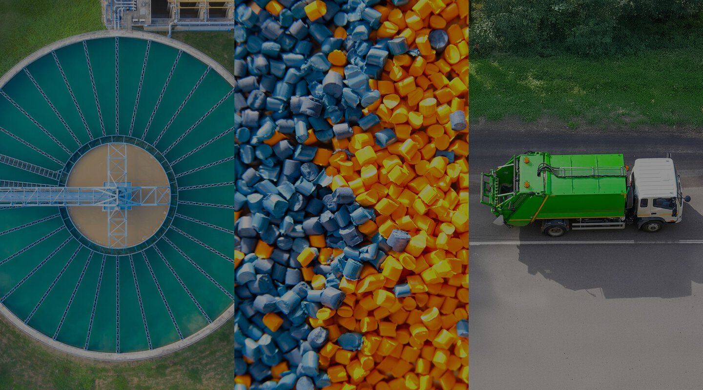 Eine Bildcollage aus drei Fotos, links ein rundes Wasserklärbecken, mittig blaue und orangene Pallets und rechts ein grün-grauer LKW, der eine Straße entlang fährt.