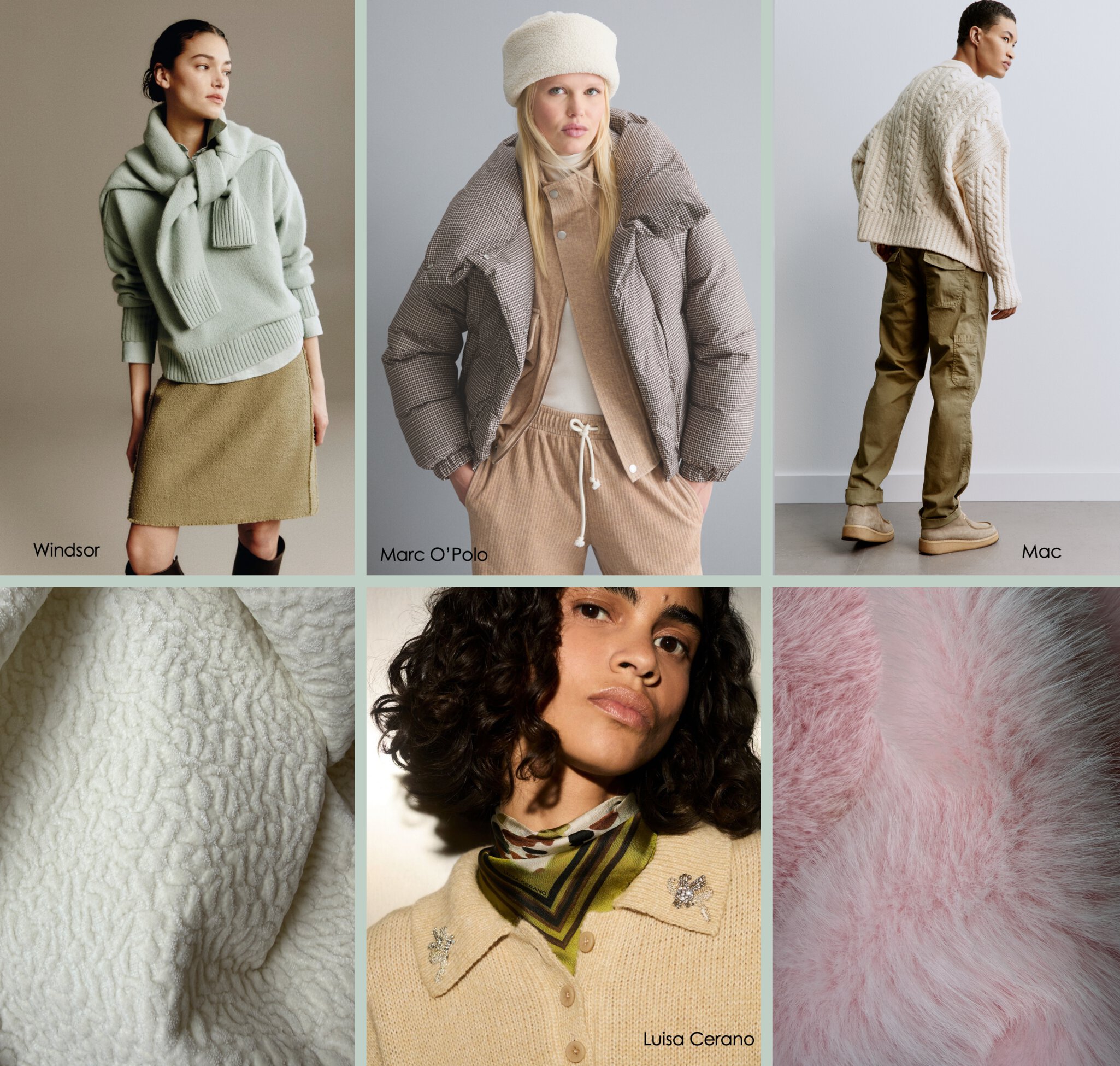 Collage von Wintermode-Outfits und -Stoffen, mit Pullovern, Jacken und Modellen in neutralen Tönen.