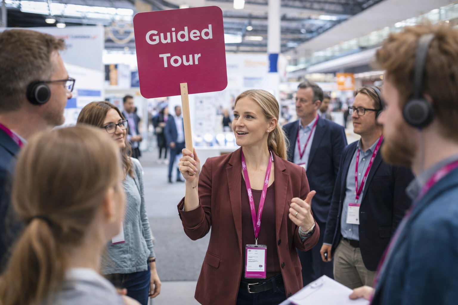 Guided tour at DMEA with a group of attendees in the exhibition hall