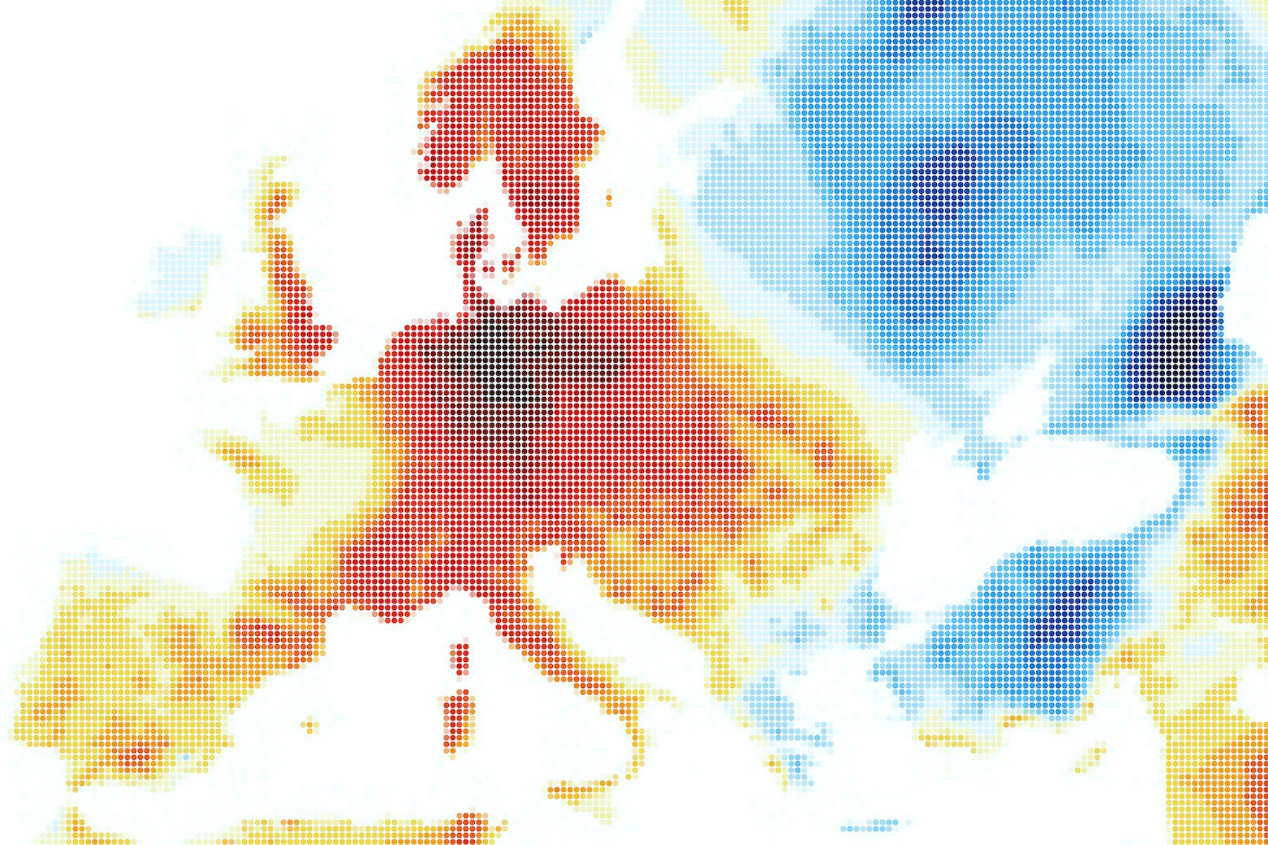 Karte von Europa mit farbigen Punkten, wobei Rot, Orange und Blau die Anomalie der Oberflächentemperatur anzeigen.
