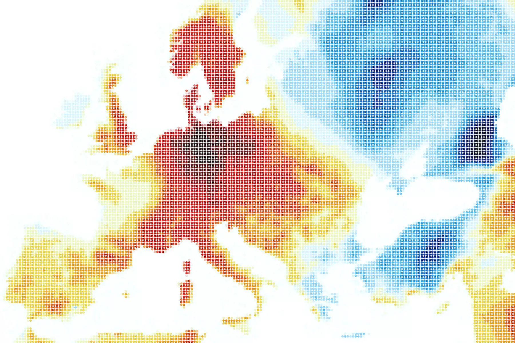 Map of Europe with coloured dots, where red, orange and blue indicate the surface temperature anomaly.