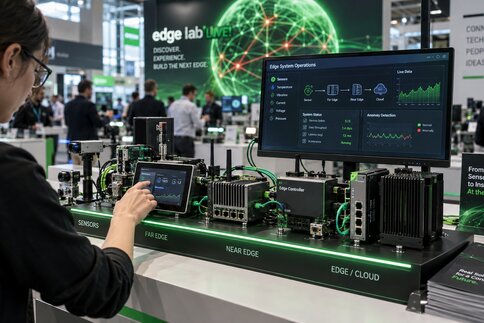 Developer testing a connected edge computing architecture with sensors, far edge, near edge, and cloud at electronica’s edge lab LIVE.