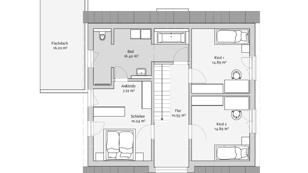 Grundriss mit einem Schlafzimmer, zwei Kinderzimmern, einem Bad und Flur mit beschrifteten Abmessungen und Ausstattungen.