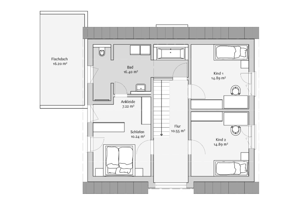 Grundriss mit einem Schlafzimmer, zwei Kinderzimmern, einem Bad und Flur mit beschrifteten Abmessungen und Ausstattungen.