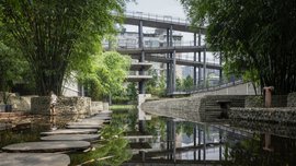 Eine Person steht an einem Teich mit Steinstufen, umgeben von Bambus und moderner Architektur im Hintergrund.