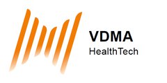 The VDMA HealthTech logo in black lettering with six orange lines slanting upwards, reminiscent of a stylised bow tie.