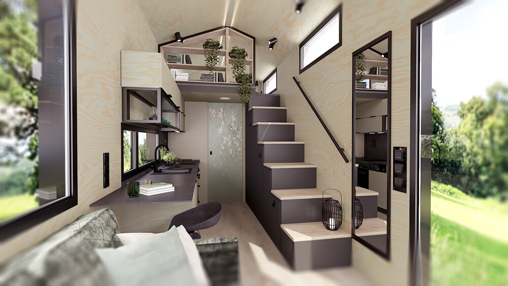 Modernes Interieur eines kleinen Hauses mit Dachboden, Treppe, Küche und Wohnbereich. Neutrale Farben und natürliches Licht.