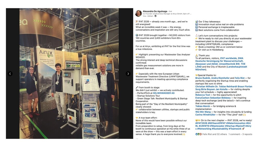 LinkedIn-Beitrag von Airyx mit drei Teammitgliedern und einem Gasanalysegerät am IFAT-Messestand.