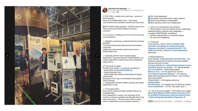 LinkedIn-Beitrag von Airyx mit drei Teammitgliedern und einem Gasanalysegerät am IFAT-Messestand.