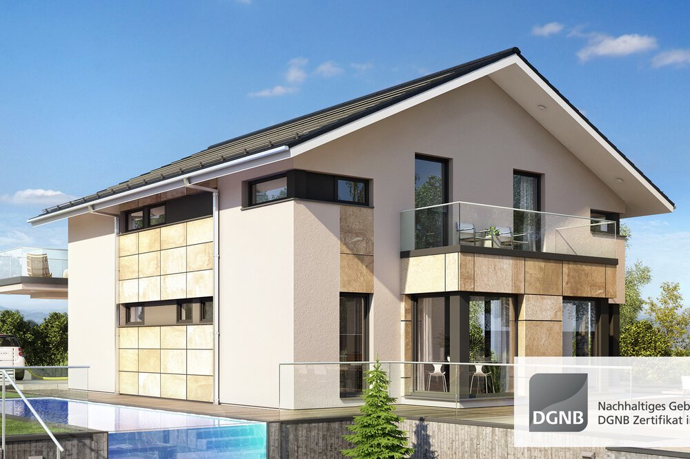 Modernes zweistöckiges Haus mit großen Fenstern und Satteldach, ausgestattet mit einem DGNB-Nachhaltigkeitszertifizierungsabzeichen.