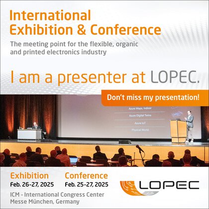 Promotional banner for LOPEC 2025 with a presenter on stage and event details; Munich, Germany February 26-27, 2025.
