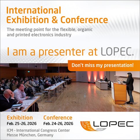 Promotional banner for LOPEC with a presenter on stage and event details