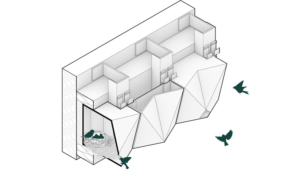 Axonometric drawing of geometric birdhouses with birds flying around and inside the structures.