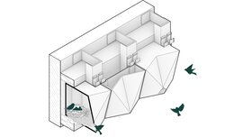 Axonometric drawing of geometric birdhouses with birds flying around and inside the structures.