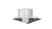 White 3D model of a corner exhibition stand with counter and two tables with four chairs each. There is a door in the rear wall and logos are printed on the right and left.