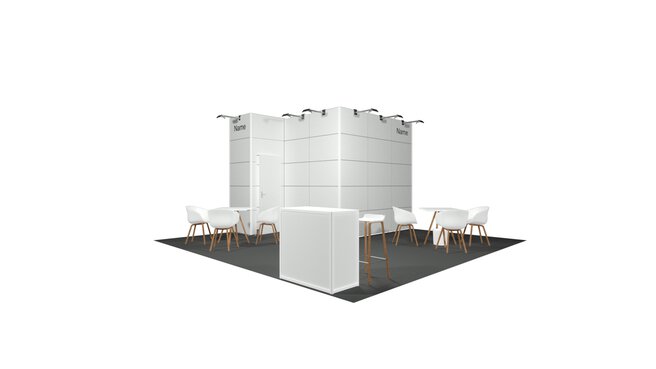White 3D model of a corner exhibition stand with counter and two tables with four chairs each. There is a door in the rear wall and logos are printed on the right and left.