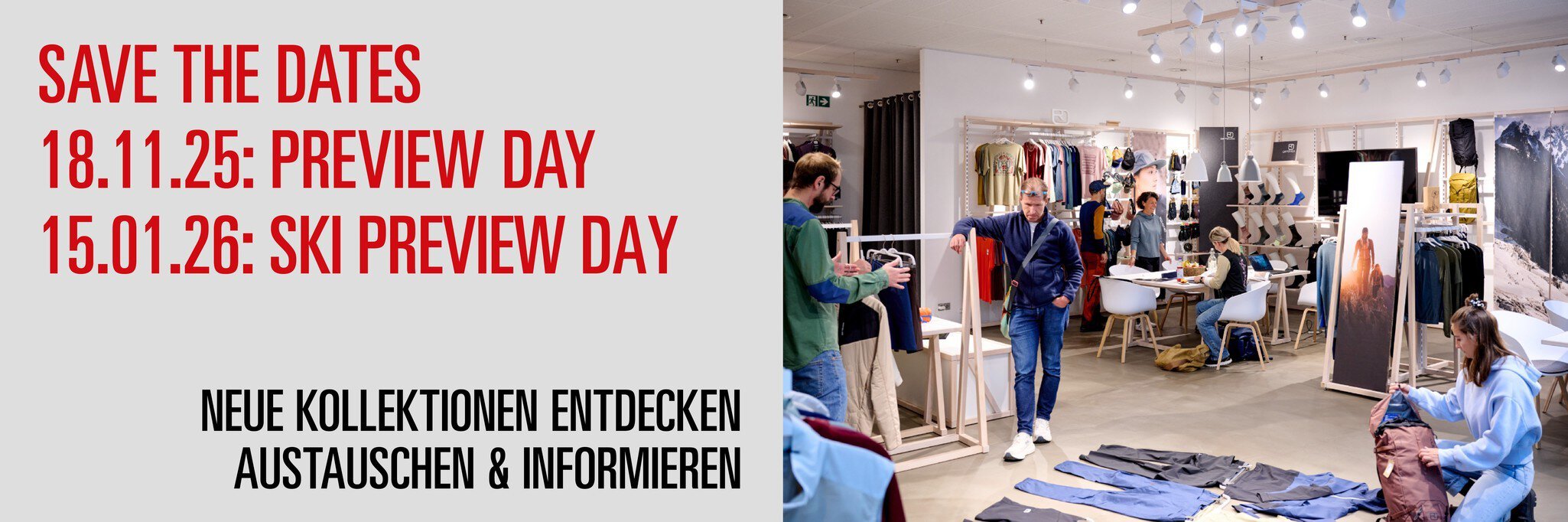 Werbebanner mit Veranstaltungsterminen und einem Showroom des MOC Ordercenters, in dem sich Besucher neue Bekleidung ansehen.