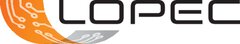Black ‘LOPEC’ logo with a curved orange and grey circuit board next to it.