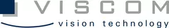 Logo von „VISCOM“ mit Text „vision technology“ darunter. Links zwei Quadrate in dunkelblau und grau übereinander und einem langen schmalen blauen Bogen darunter.