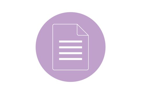 Weißes Symbol eines Dokuments, auf einem violetten Kreis.