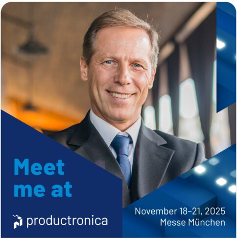 Sample image for a productronica invitation template with a man, the trade fair dates and the text “Meet me at productronica”.