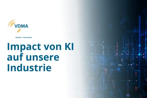 Blauer digitaler Hintergrund mit Text: Auswirkungen von KI auf unsere Industrie und VDMA-Logo auf der linken Seite.