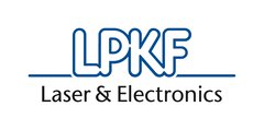 Logo of “LPKF” in rounded white letters with dark blue outline on a blue base line, below “Laser & Electronics” in black letters.