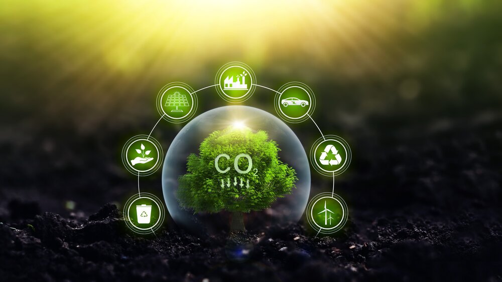 Illustration eines Bonsaibaums in einer Seifenblase der aus dunkler Erde wächst. Um die Blase ist ein Bogen mit diverse Icons für Recycling und erneuerbare Energien.