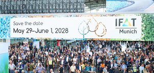 Eingangshalle der IFAT Munich auf dem Messegelände der Messe München mit Save the Date Banner zur IFAT Munich 2028 (29. Mai bis 1. Juni 2028)
