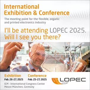 English LOPEC banner with a man looking at a clear foil printed with electronics on a roll. Titled “I'm visiting LOPEC 2025, will I see you there?”.