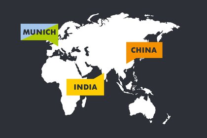 World map on which the locations Munich, India and China are marked.